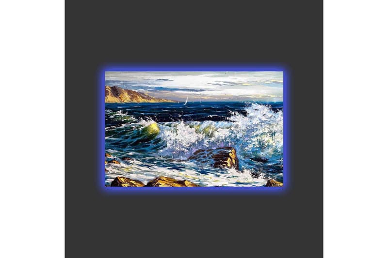 Canvastavla med LED-belysning - Dramatiska vågor som kraschar mot klippor vid havet - Mörkblå / Vit / Grön - Inredning - Tavlor & konst - Canvastavlor