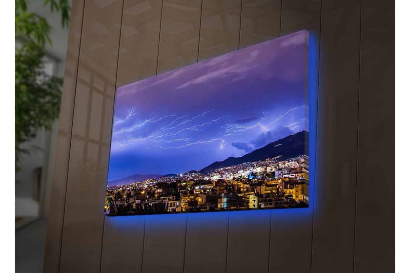 Canvastavla med LED-belysning - Dramatiskt åskväder över en stadssilhuett - Mörkblå / Lila / Vit - Inredning - Tavlor & konst - Canvastavlor