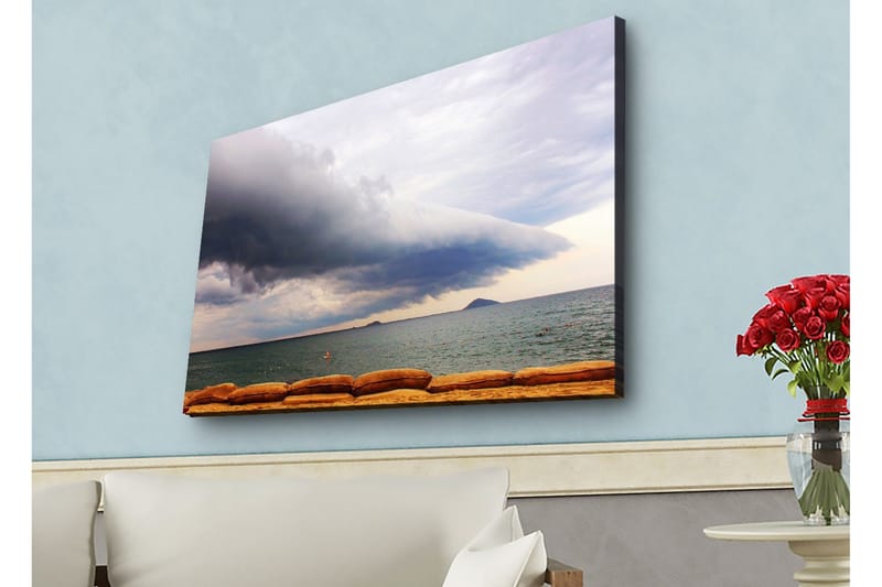 Canvastavla med LED-belysning - Dramatiskt havslandskap med mörka moln och stilla vatten - Mörkblå / Grå / Beige - Inredning - Tavlor & konst - Canvastavlor