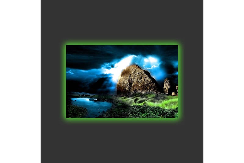 Canvastavla med LED-belysning - Dramatiskt landskap med klippor och stormiga moln - Mörkblå / Grön / Svart - Inredning - Tavlor & konst - Canvastavlor