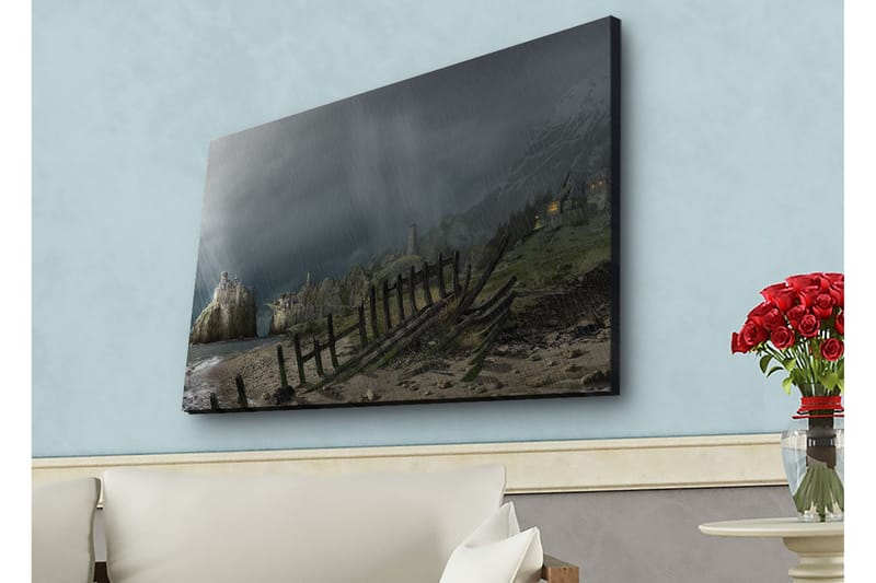 Canvastavla med LED-belysning - Dramatiskt landskap med stormiga moln och en kustlinje, Mörkgrå / Grön / Brun