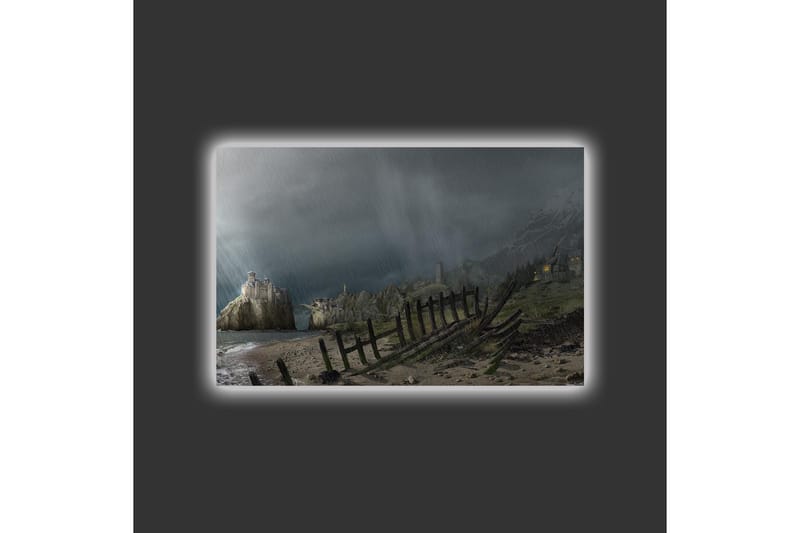 Canvastavla med LED-belysning - Dramatiskt landskap med stormiga moln och en kustlinje - Mörkgrå / Grön / Brun - Inredning - Tavlor & konst - Canvastavlor