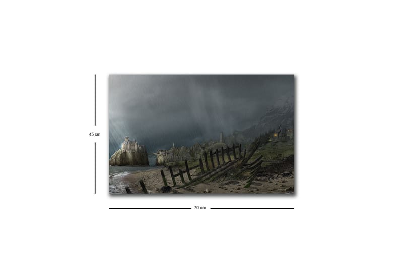 Canvastavla med LED-belysning - Dramatiskt landskap med stormiga moln och en kustlinje - Mörkgrå / Grön / Brun - Inredning - Tavlor & konst - Canvastavlor