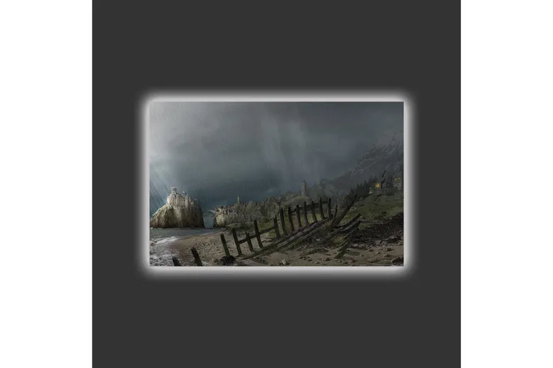 Canvastavla med LED-belysning - Dramatiskt landskap med stormiga moln och en kustlinje - Mörkgrå / Grön / Brun - Inredning - Tavlor & konst - Canvastavlor