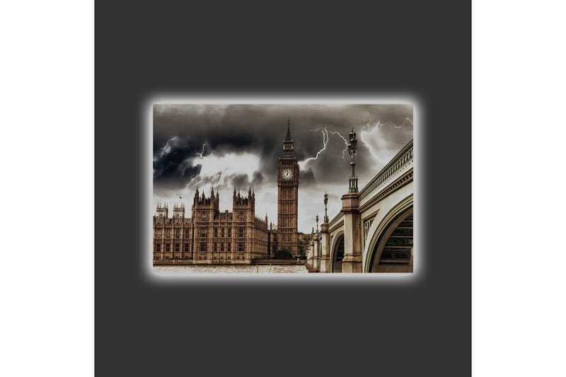Canvastavla med LED-belysning - Dramatiskt stadslandskap med Big Ben och en bro under mörka moln - Grå / Beige / Mörkbrun - Inredning - Tavlor & konst - Canvastavlor