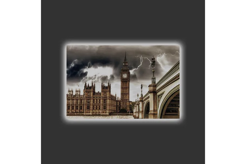Canvastavla med LED-belysning - Dramatiskt stadslandskap med Big Ben och en bro under mörka moln - Grå / Beige / Mörkbrun - Inredning - Tavlor & konst - Canvastavlor