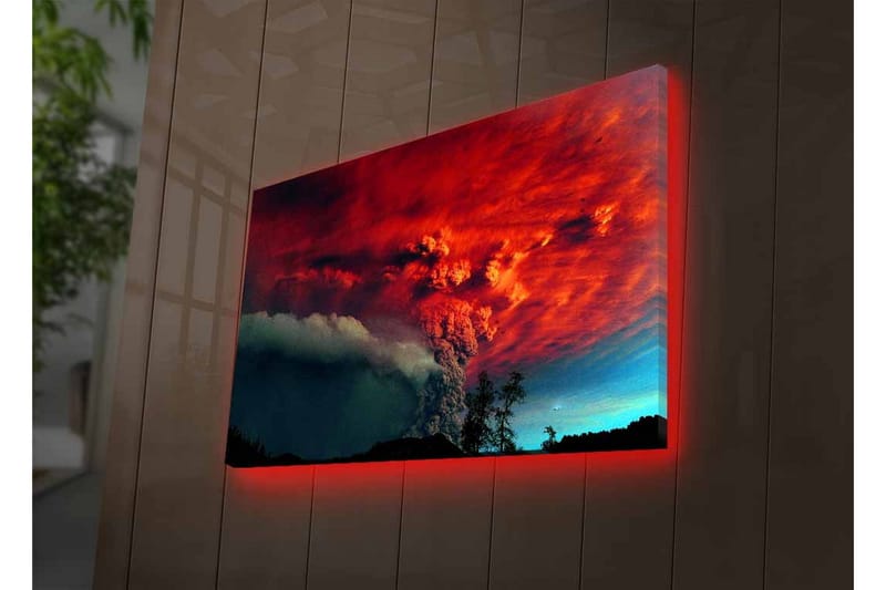 Canvastavla med LED-belysning - Dramatiskt vulkanutbrott med intensiva färger på himlen - Röd / Svart / Blå - Inredning - Tavlor & konst - Canvastavlor