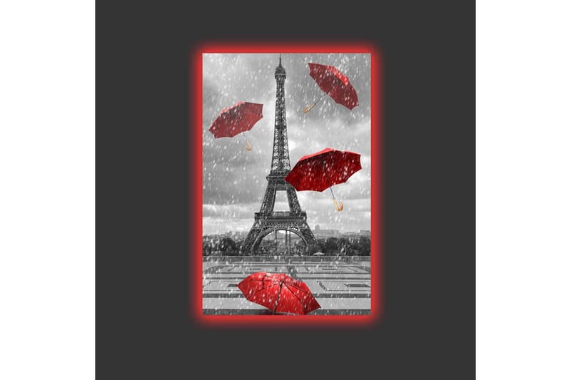 Canvastavla med LED-belysning - Eiffeltornet omgiven av röda paraplyer i regnigt väder - Röd / Grå - Inredning - Tavlor & konst - Canvastavlor