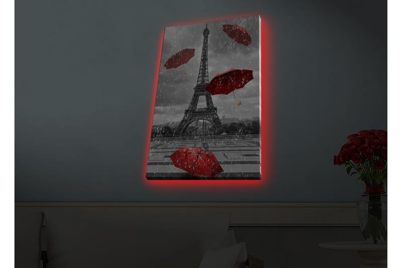 Canvastavla med LED-belysning - Eiffeltornet omgiven av röda paraplyer i regnigt väder - Röd / Grå - Inredning - Tavlor & konst - Canvastavlor
