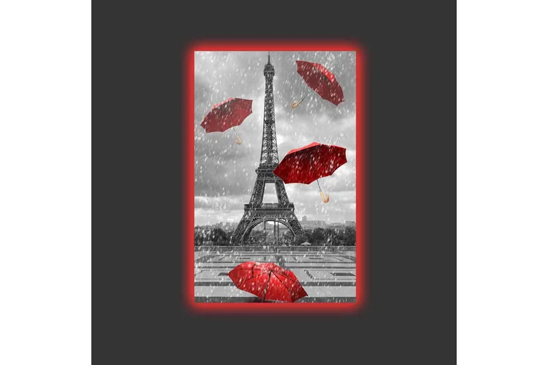 Canvastavla med LED-belysning - Eiffeltornet omgiven av röda paraplyer i regnigt väder - Röd / Grå - Inredning - Tavlor & konst - Canvastavlor