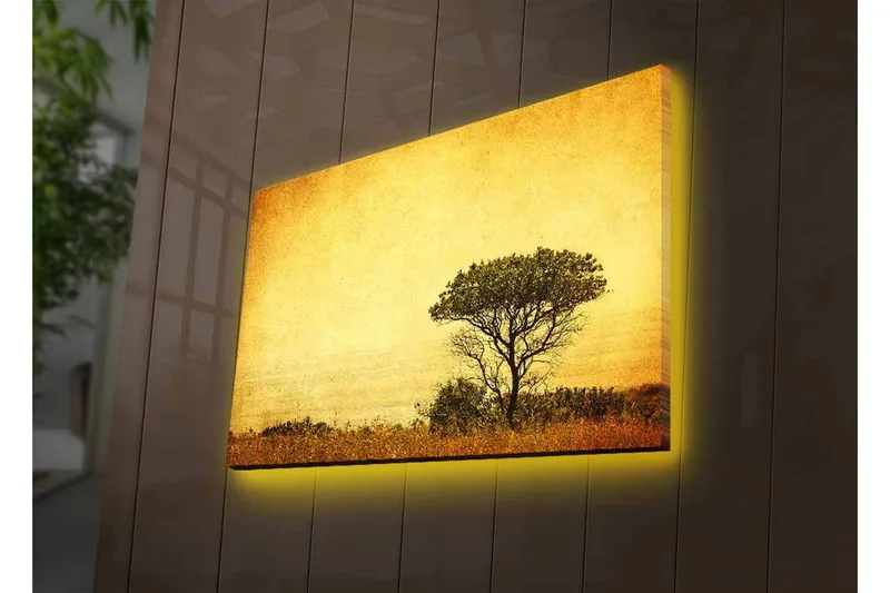 Canvastavla med LED-belysning - Ensam trädkontur mot en gyllene himmel - Guld / Brunt / Svart - Inredning - Tavlor & konst - Canvastavlor