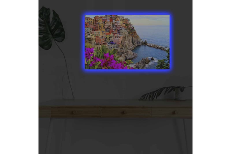 Canvastavla med LED-belysning - Färgglad kustby med färgglada hus och havsutsikt - Lila / Orange / Blå - Inredning - Tavlor & konst - Canvastavlor