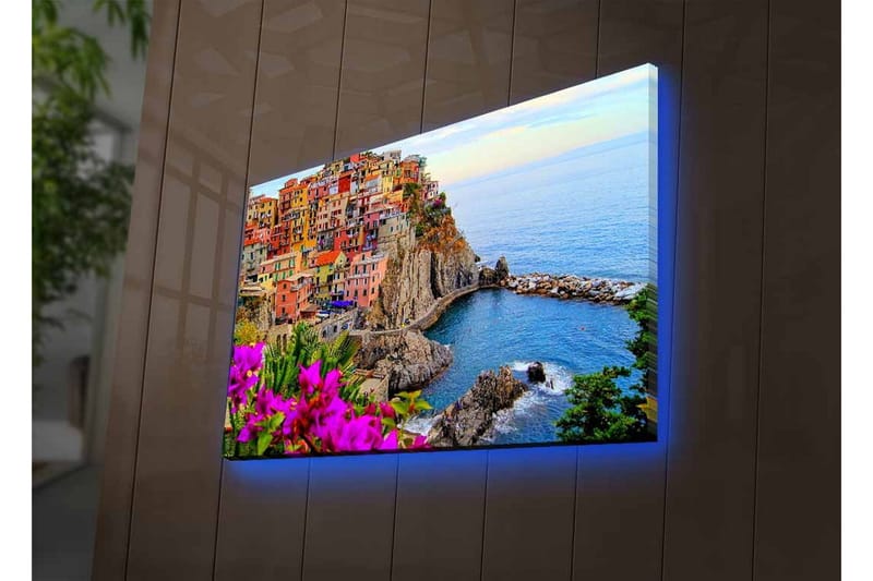 Canvastavla med LED-belysning - Färgglad kustby med färgglada hus och havsutsikt - Lila / Orange / Blå - Inredning - Tavlor & konst - Canvastavlor