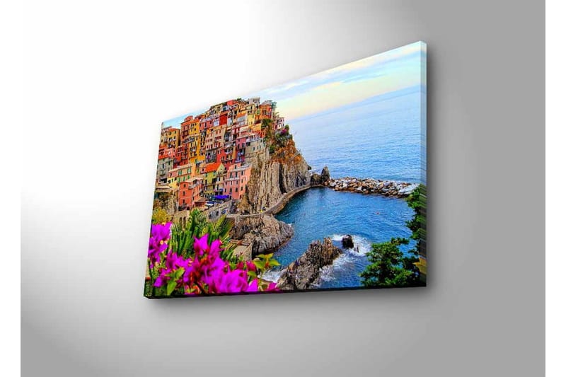 Canvastavla med LED-belysning - Färgglad kustby med färgglada hus och havsutsikt - Lila / Orange / Blå - Inredning - Tavlor & konst - Canvastavlor