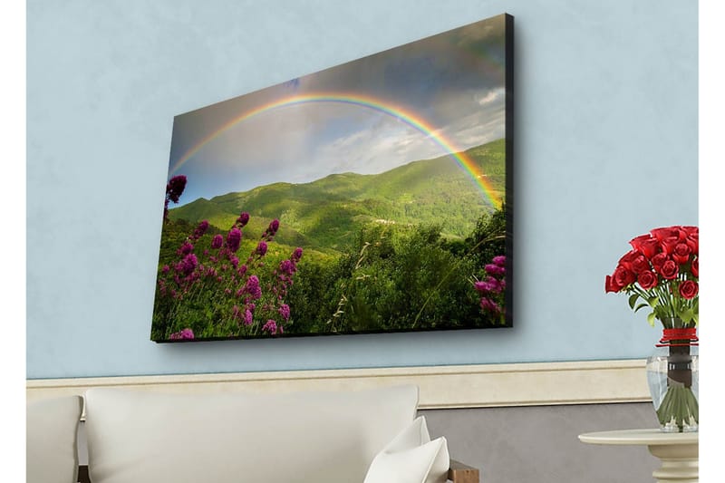 Canvastavla med LED-belysning - Färgglad regnbåge över gröna berg och blommor - Grön / Lila / Blå - Inredning - Tavlor & konst - Canvastavlor
