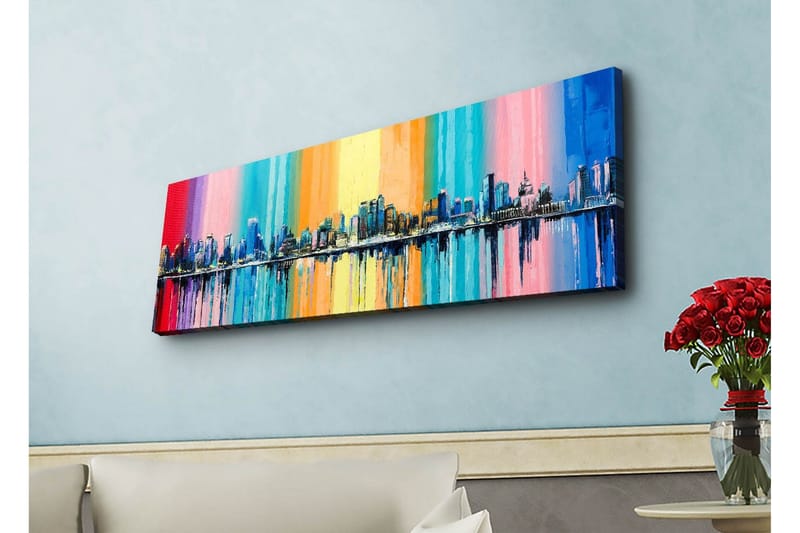 Canvastavla med LED-belysning - Färgglad stadsbild med horisontlinje och reflektioner i vatten - Blå / Rosa / Orange - Inredning - Tavlor & konst - Canvastavlor