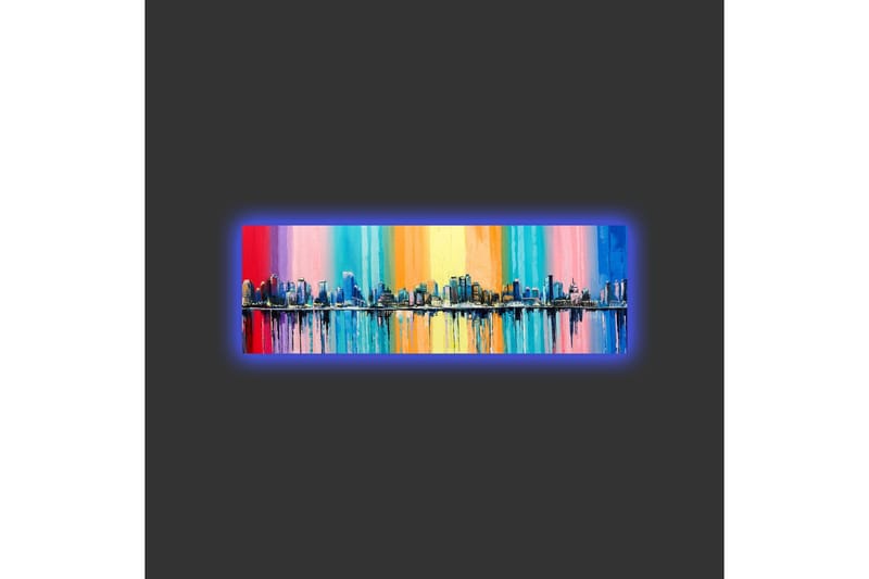 Canvastavla med LED-belysning - Färgglad stadsbild med horisontlinje och reflektioner i vatten - Blå / Rosa / Orange - Inredning - Tavlor & konst - Canvastavlor