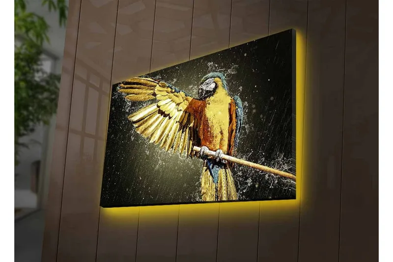 Canvastavla med LED-belysning - Färgglad papegoja med utsträckta vingar - Guld / Blå / Grön - Inredning - Tavlor & konst - Canvastavlor