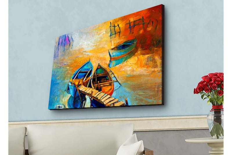 Canvastavla med LED-belysning - Färgglada båtar vid en brygga i en solnedgång, Blå / Orange / Gul