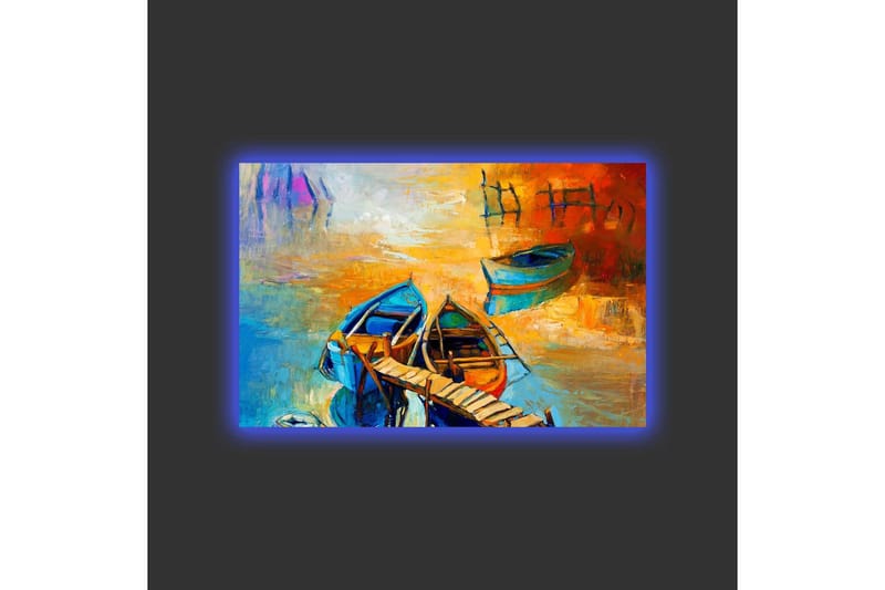 Canvastavla med LED-belysning - Färgglada båtar vid en brygga i en solnedgång - Blå / Orange / Gul - Inredning - Tavlor & konst - Canvastavlor