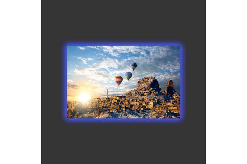 Canvastavla med LED-belysning - Färgglada luftballonger sväva över en bergig landskapsscen med solnedgång - Guld / Blå / Orange - Inredning - Tavlor & konst - Canvastavlor