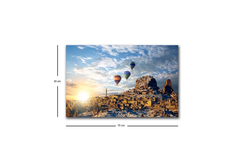 Canvastavla med LED-belysning - Färgglada luftballonger sväva över en bergig landskapsscen med solnedgång - Guld / Blå / Orange - Inredning - Tavlor & konst - Canvastavlor