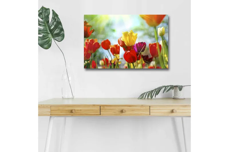 Canvastavla med LED-belysning - Färgrik bukett av tulpaner, Röd / Gul / Lila