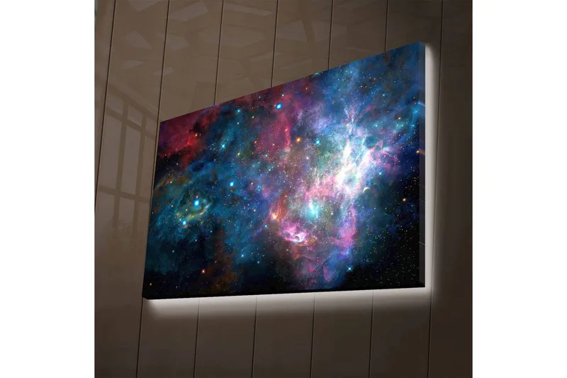 Canvastavla med LED-belysning - Färgrik galax med stjärnor och nebulosor, Blå / Lila / Röd