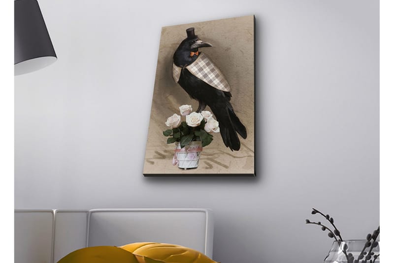 Canvastavla med LED-belysning - Fågel i elegant klädsel med en bukett rosor - Svart / Ljusrosa / Beige - Inredning - Tavlor & konst - Canvastavlor