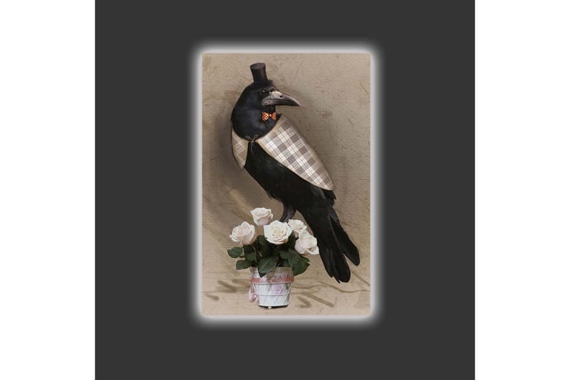Canvastavla med LED-belysning - Fågel i elegant klädsel med en bukett rosor - Svart / Ljusrosa / Beige - Inredning - Tavlor & konst - Canvastavlor