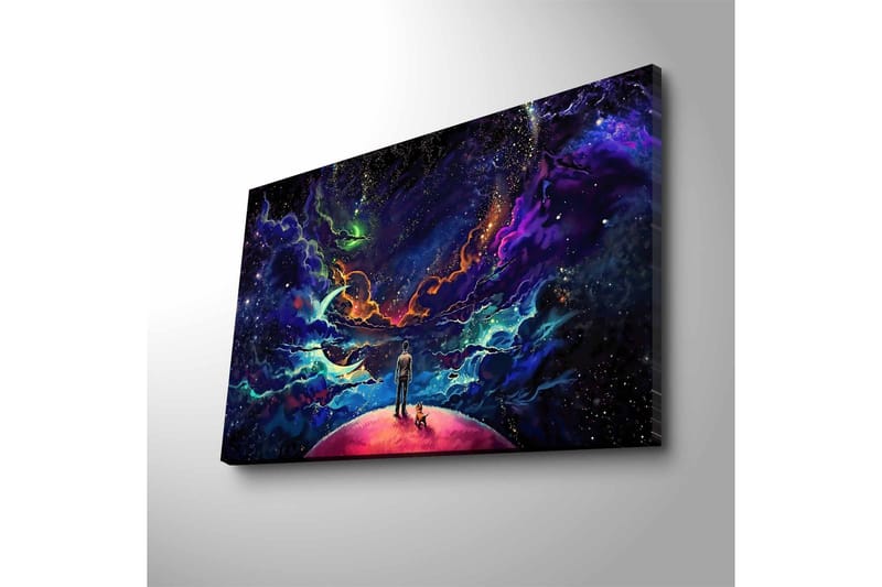 Canvastavla med LED-belysning - Fantastisk rymdscen med en människa och en hund på en planet - Lila / Blå / Rosa - Inredning - Tavlor & konst - Canvastavlor