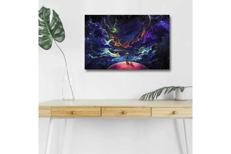 Canvastavla med LED-belysning - Fantastisk rymdscen med en människa och en hund på en planet, Lila / Blå / Rosa