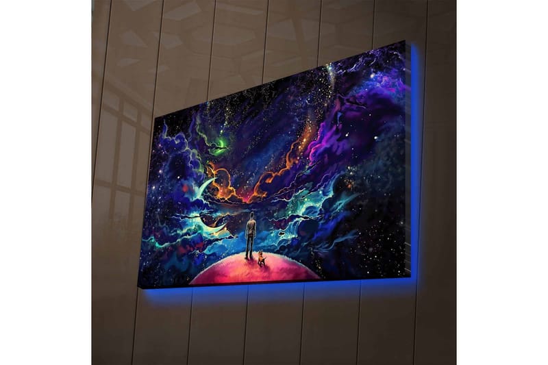 Canvastavla med LED-belysning - Fantastisk rymdscen med en människa och en hund på en planet - Lila / Blå / Rosa - Inredning - Tavlor & konst - Canvastavlor