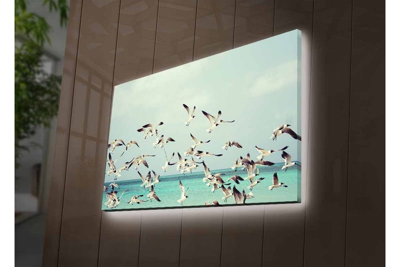 Canvastavla med LED-belysning - Flock av fåglar som flyger över en blå havsyta - Ljusblå / Vit / Svart - Inredning - Tavlor & konst - Canvastavlor