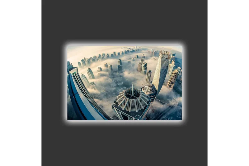 Canvastavla med LED-belysning - Futuristisk stadslandskap med höga skyskrapor i dimma - Grå / Blå / Beige - Inredning - Tavlor & konst - Canvastavlor