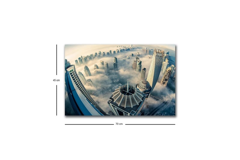 Canvastavla med LED-belysning - Futuristisk stadslandskap med höga skyskrapor i dimma - Grå / Blå / Beige - Inredning - Tavlor & konst - Canvastavlor