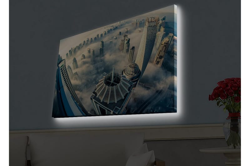 Canvastavla med LED-belysning - Futuristisk stadslandskap med höga skyskrapor i dimma, Grå / Blå / Beige