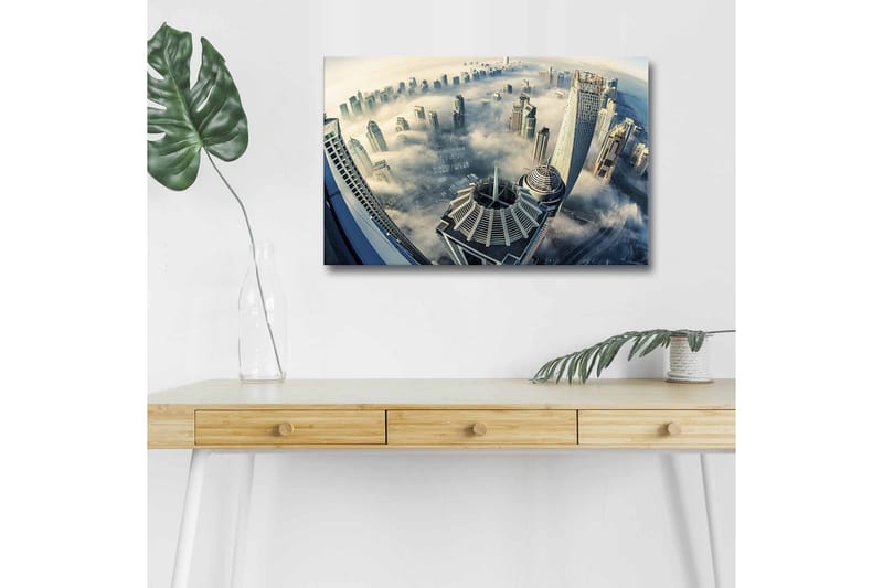 Canvastavla med LED-belysning - Futuristisk stadslandskap med skyskrapor i dimma - Grå / Blå / Vit - Inredning - Tavlor & konst - Canvastavlor