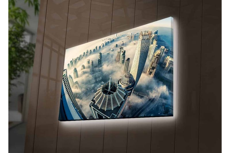 Canvastavla med LED-belysning - Futuristisk stadslandskap med skyskrapor i dimma - Grå / Blå / Vit - Inredning - Tavlor & konst - Canvastavlor