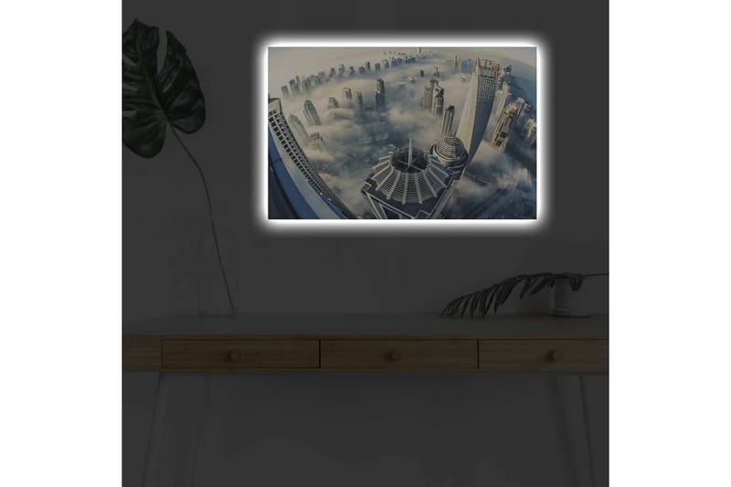 Canvastavla med LED-belysning - Futuristisk stadslandskap med skyskrapor i dimma - Grå / Blå / Vit - Inredning - Tavlor & konst - Canvastavlor