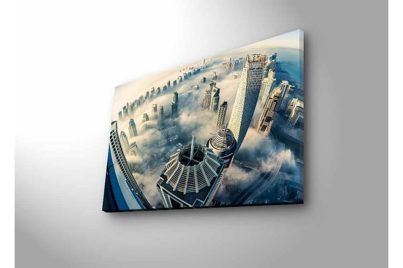 Canvastavla med LED-belysning - Futuristisk stadslandskap med skyskrapor i dimma - Grå / Blå / Vit - Inredning - Tavlor & konst - Canvastavlor