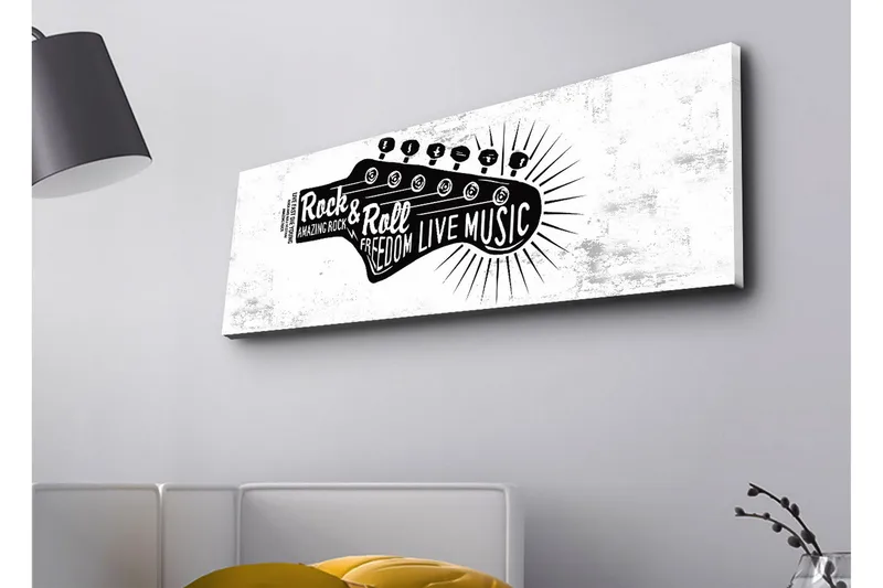 Canvastavla med LED-belysning - Gitarr med text som hyllar rockmusik och frihet, Svart / Vitt