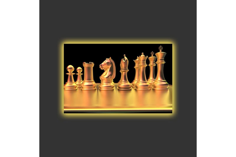 Canvastavla med LED-belysning - Glänsande schackpjäser i guldtoner - Guld / Svart - Inredning - Tavlor & konst - Canvastavlor