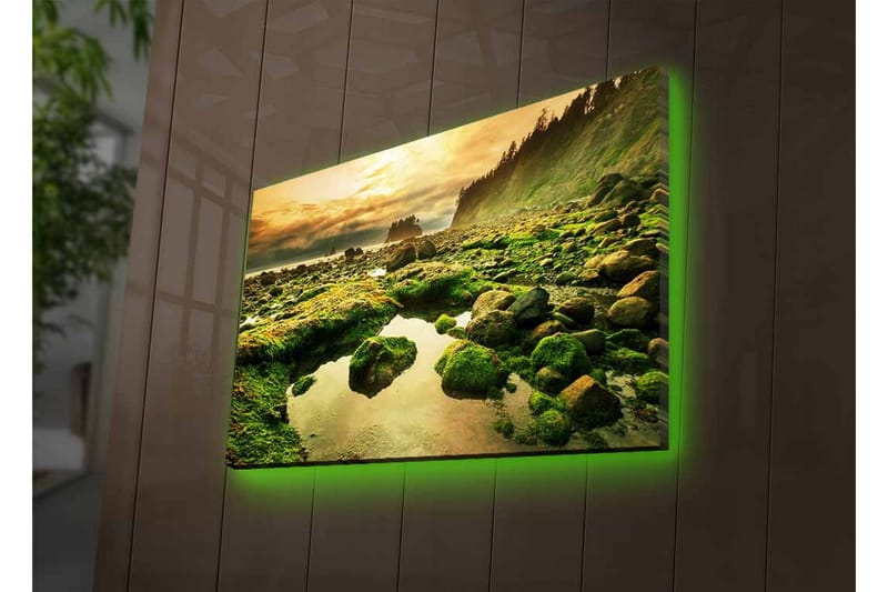 Canvastavla med LED-belysning - Grönskande kustlandskap med klippor och spegelblanka vattenpölar - Grön / Brun / Gul - Inredning - Tavlor & konst - Canvastavlor