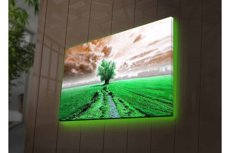 Canvastavla med LED-belysning - Grönskande landskap med en ensam trädkrona i horisonten - Grön / Brun / Grå - Inredning - Tavlor & konst - Canvastavlor