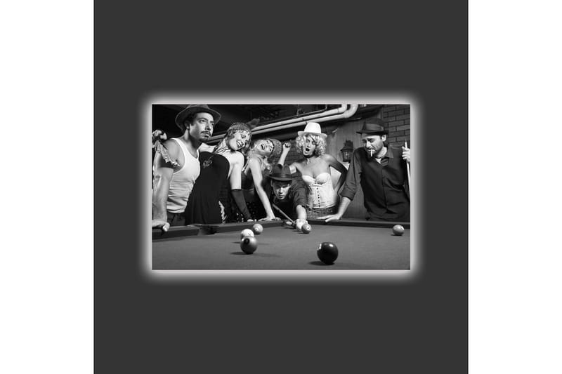 Canvastavla med LED-belysning - Grupp av människor som spelar biljard i en nostalgisk miljö - Svart / Vitt / Grått - Inredning - Tavlor & konst - Canvastavlor