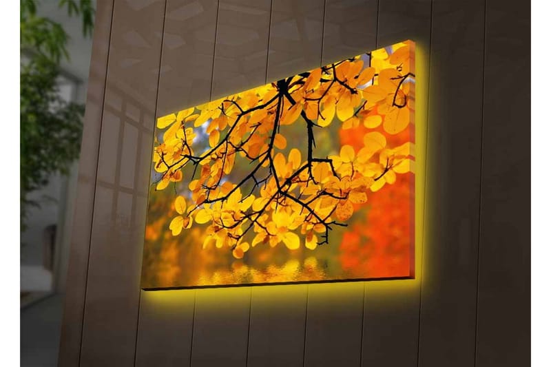 Canvastavla med LED-belysning - Gyllene höstlöv som hänger från en gren - Guld / Grön / Orange - Inredning - Tavlor & konst - Canvastavlor