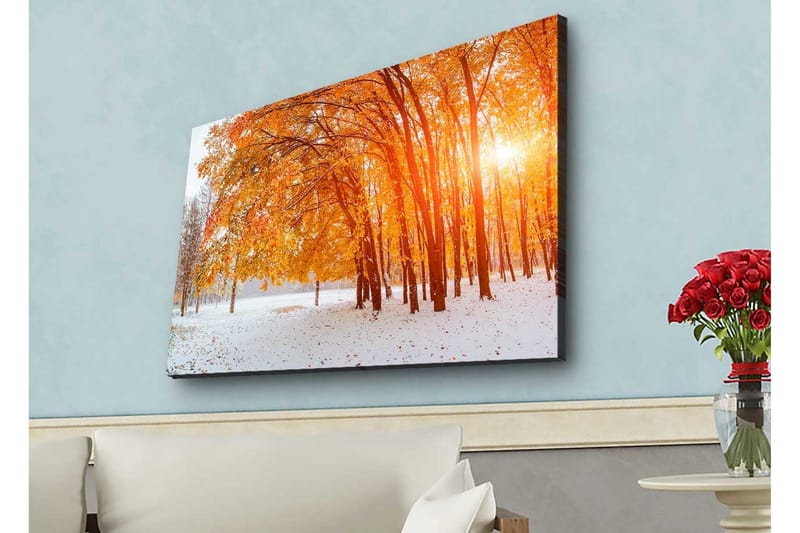 Canvastavla med LED-belysning - Gyllene höstskog med solstrålar som strålar genom träden, Orange / Guld / Vit