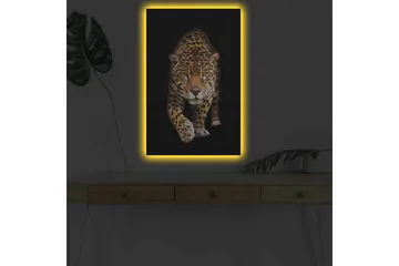 Canvastavla med LED-belysning - Jagande jaguar i fokus - Guld / Svart / Vit - Inredning - Tavlor & konst - Canvastavlor