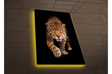 Canvastavla med LED-belysning - Jagande jaguar i fokus - Guld / Svart / Vit - Inredning - Tavlor & konst - Canvastavlor
